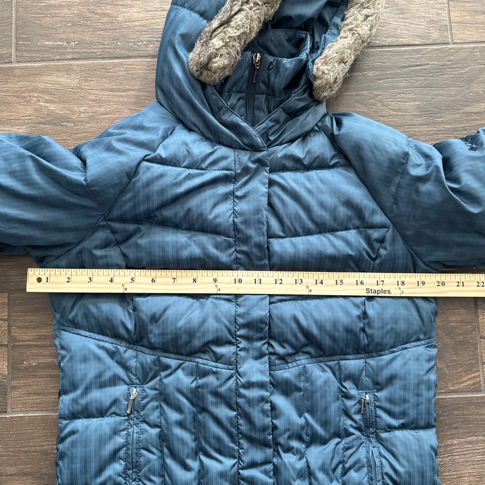Columbia Down Puffer Jacket Women Medium Omni Shield Blue Hooded Faux Fur Trim - Picture 6 of 15